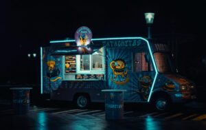 a food truck at night covered in neon lights