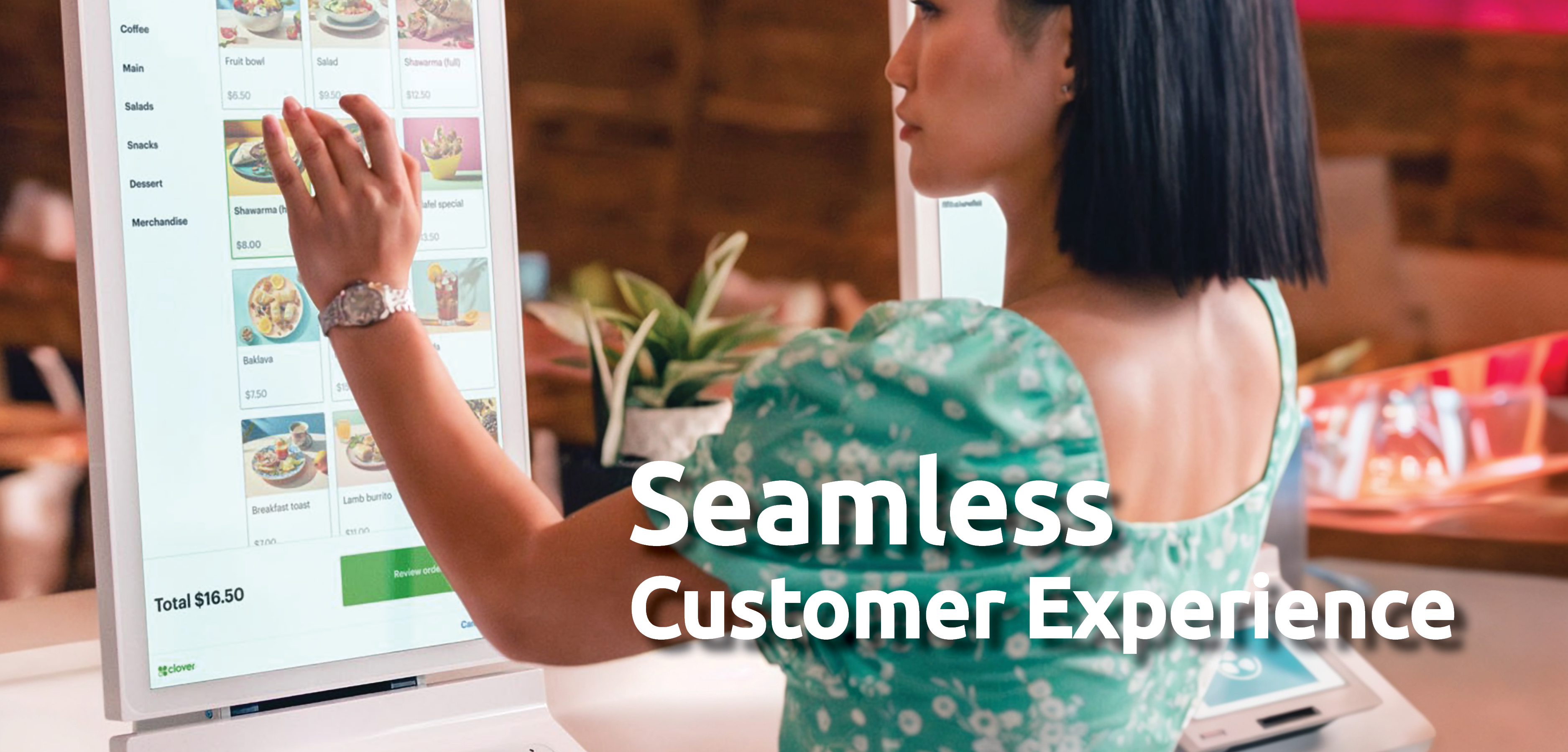 Woman clicking on the Clover kiosk with the text seamless customer experience on the image